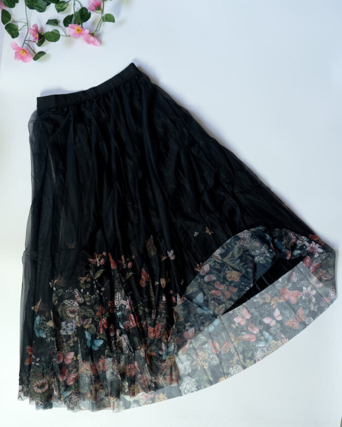 Kanira – Netted Black with Multi-Color Floral Skirt for Women