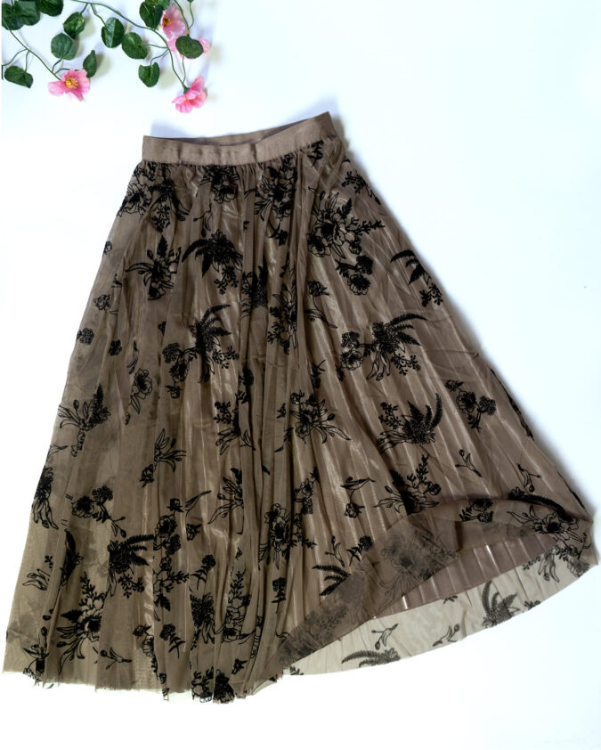 Tarini – Netted Brown with Big Black Floral Skirt for Women