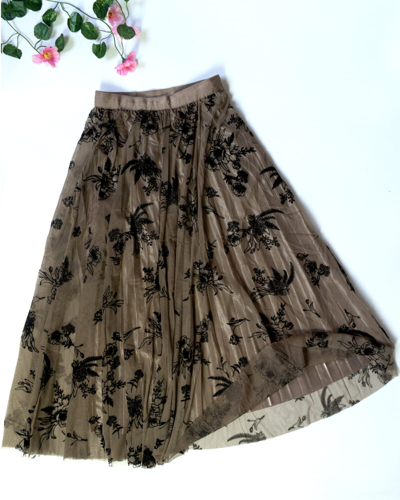 Tarini – Netted Brown with Big Black Floral Skirt for Women