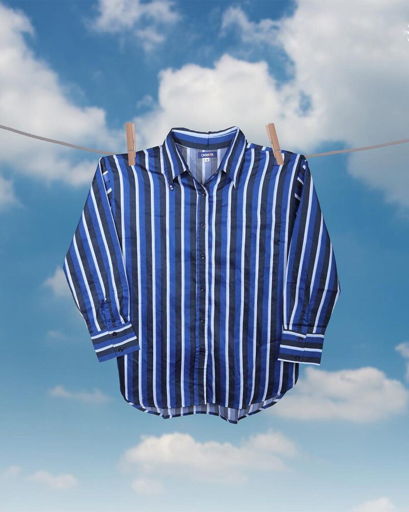 Vertira Dark Blue & White Striped Oversized Cotton-Linen Top for Women - Image 4