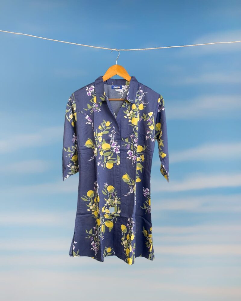 Zehra Blue Floral Top with Yellow Blooms in Cotton Satin for Women