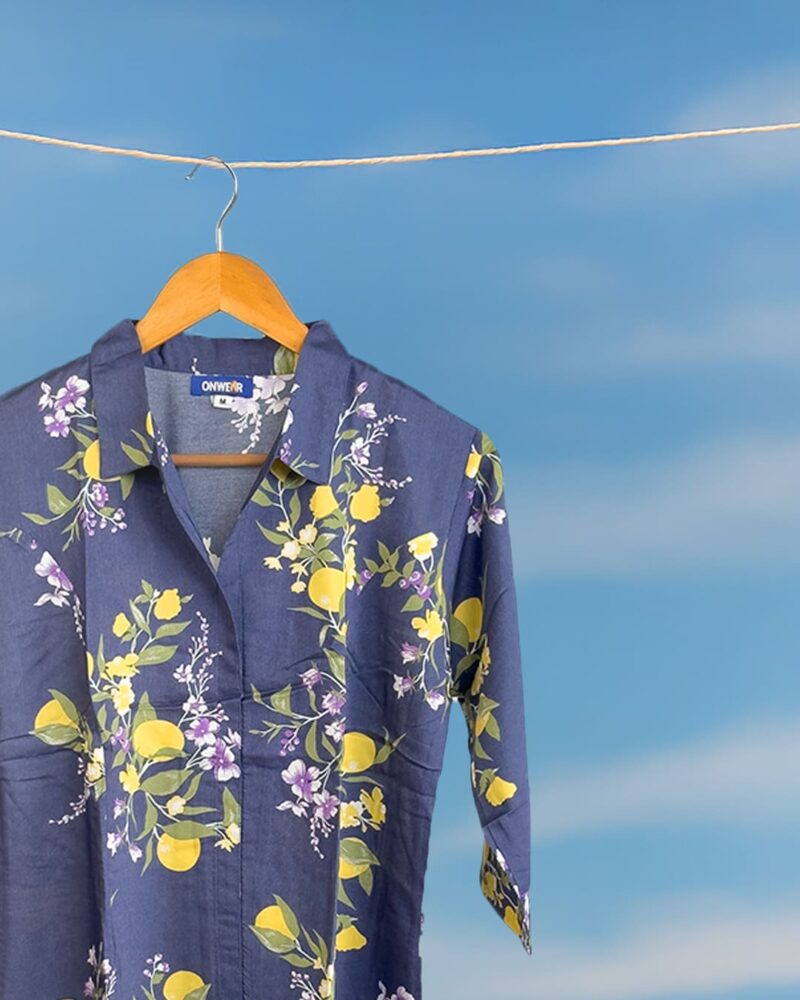 Zehra Blue Floral Top with Yellow Blooms in Cotton Satin for Women - Image 2