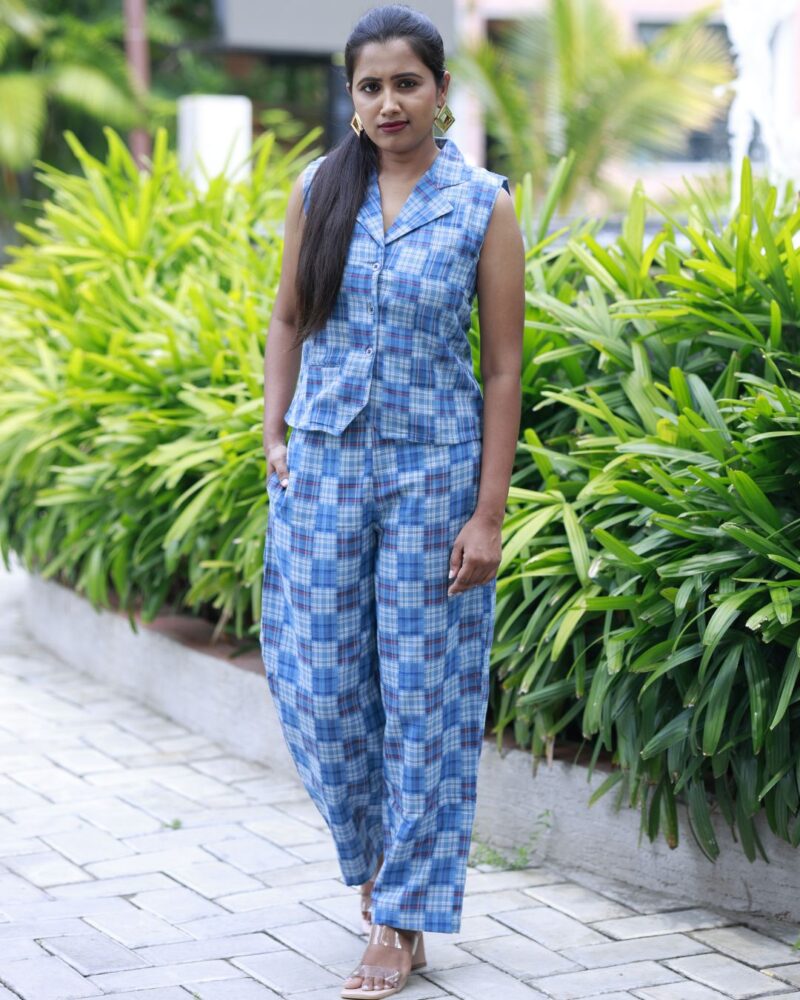 TaviGrid – Cotton Patchwork Blue Checks Co-Ord Set for Women - Image 3