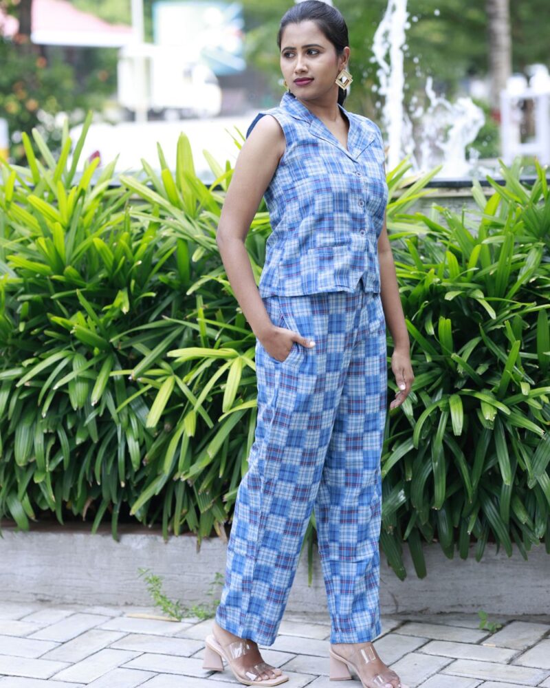 TaviGrid – Cotton Patchwork Blue Checks Co-Ord Set for Women