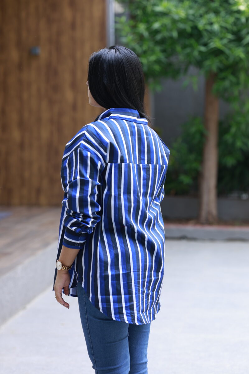 Vertira Dark Blue & White Striped Oversized Cotton-Linen Top for Women - Image 3